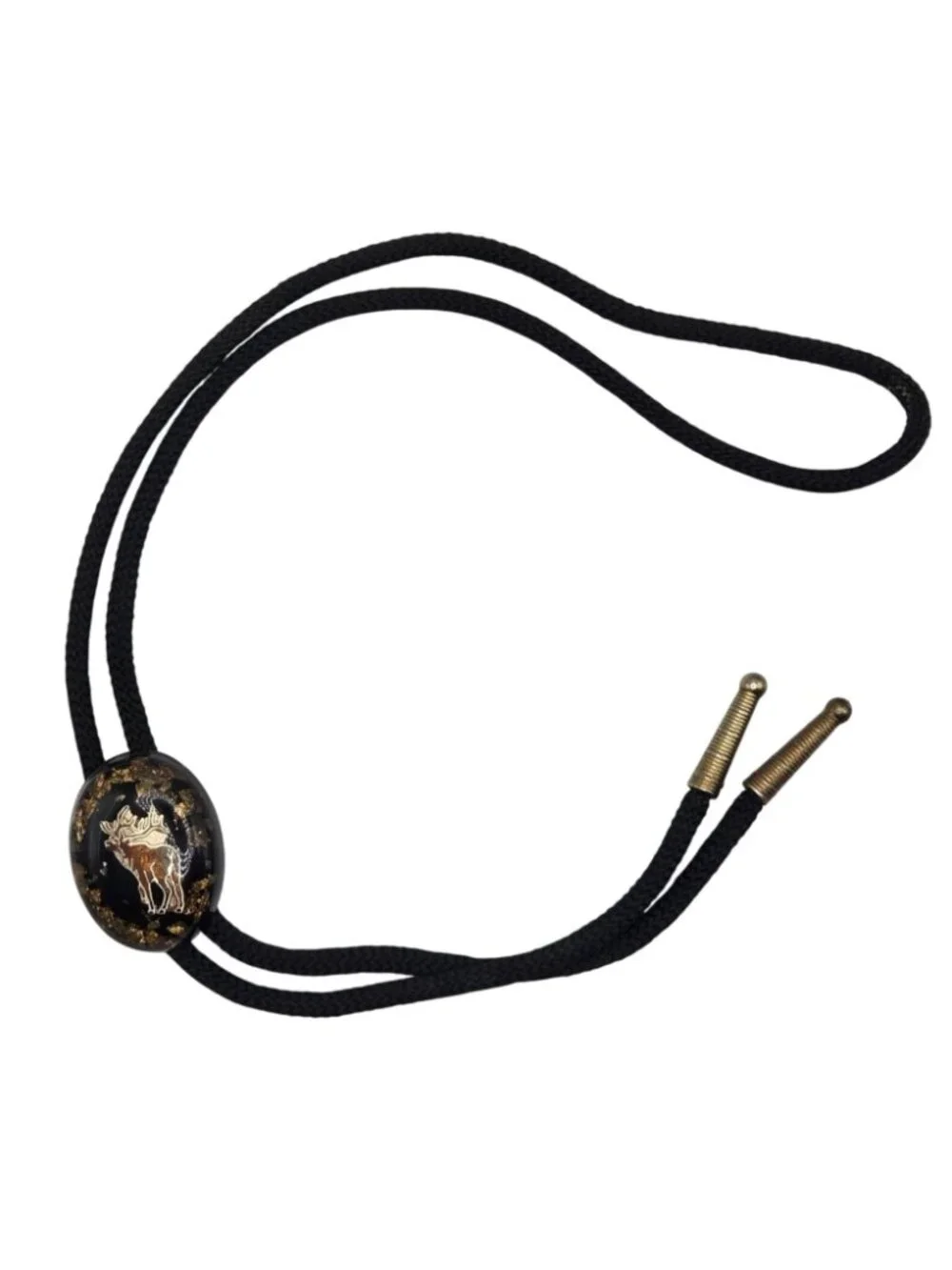 Vintage Elk Bolo Tie Cowboy Western Wear Black Gold Flakes Necktie Necklace